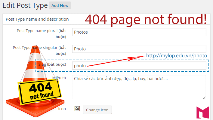 Lỗi 404 page not found sau khi sửa slug của plugin Toolset Types